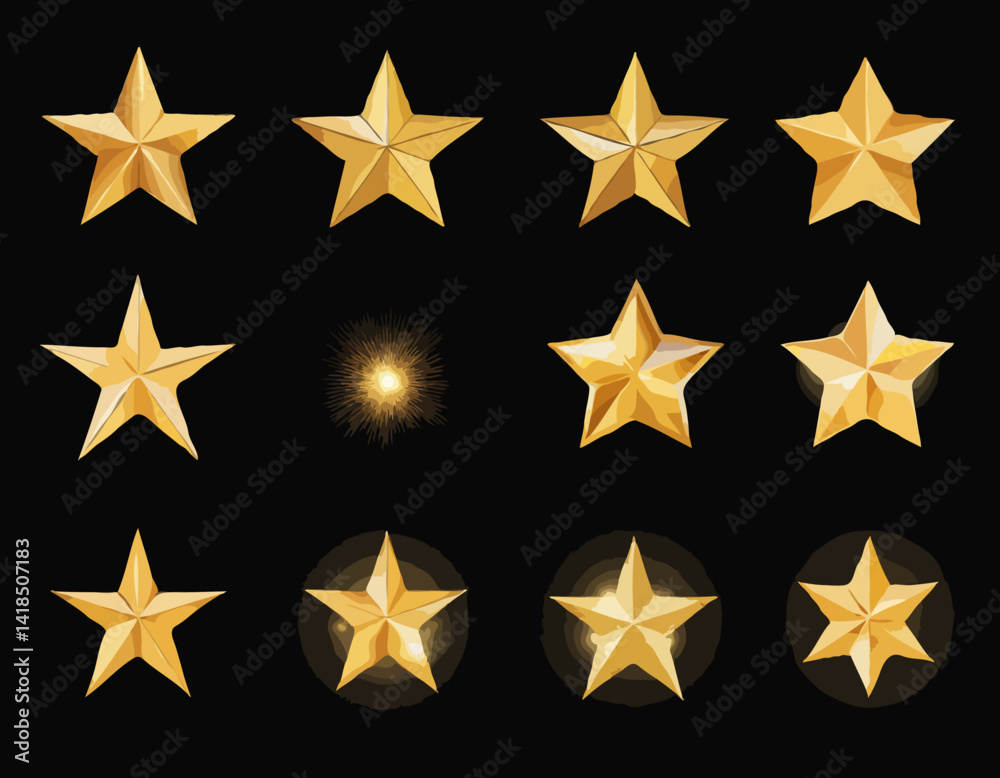 Gold Glow lighting Star. Collection of different light effects on black background. Set of Transparent Sparkling stars. Realistic vector illustration Gold Glow lighting Star. Collection of different light effects on black background. Set of Transparent Sparkling stars. Realistic vector illustration