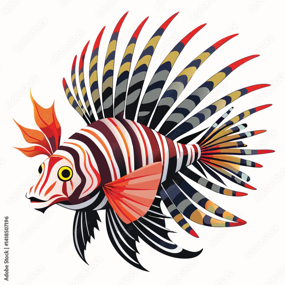 Obraz premium A striking lionfish with zebra-like stripes and elaborate spiky fins floats gracefully on white backdrop.