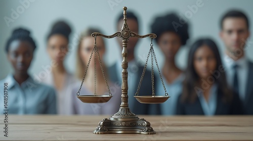 Close-up of justice scale with diverse group of people in background, highlighting fairness, inclusion, democracy, and decision-making in legal system

