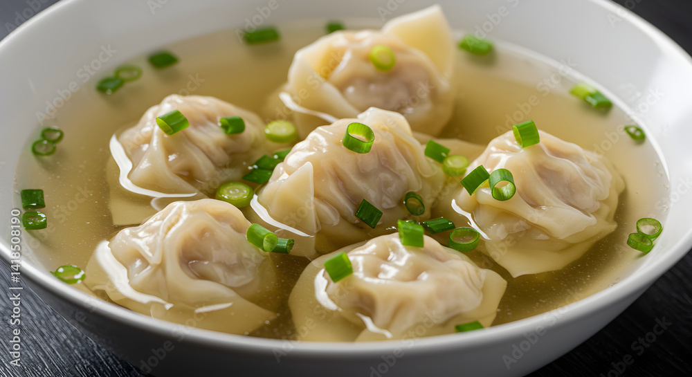 Delicious Wonton Soup Garnished With Fresh Scallions For A Comforting Meal Delicious Wonton Soup Garnished With Fresh Scallions For A Comforting Meal