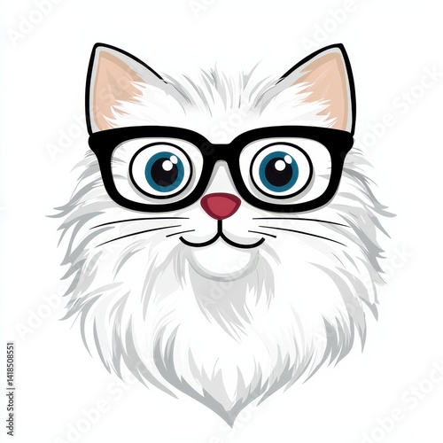 Whimsical cartoon illustration of a white cat wearing black glasses