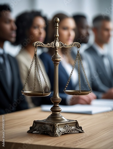 Symbolic balance scale representing justice and equality in front of diverse jury panel, ideal for legal, law, courtroom, and civil rights concepts
