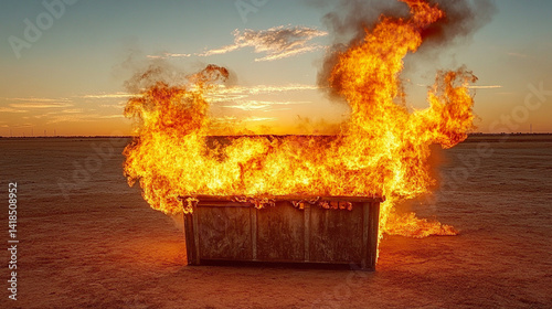 A burning dumpster with flames and smoke rising symbolizes environmental disaster pollution neglect and danger capturing the urgency of climate crises and industrial carelessness in modern society

