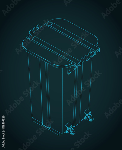 Two-wheeled trash can isometric blueprint