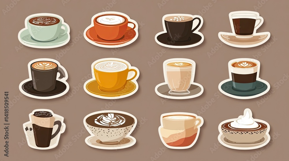 A colorful collection of various coffee cups in a modern, minimalist design. The image showcases different types of coffee, including cappuccino, latte, black coffee, espresso, and more A colorful collection of various coffee cups in a modern, minimalist design. The image showcases different types of coffee, including cappuccino, latte, black coffee, espresso, and more