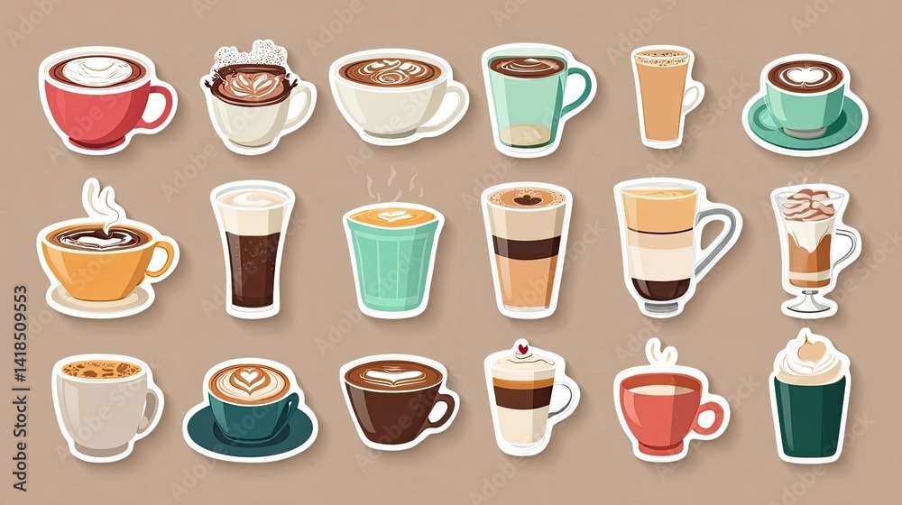 A colorful collection of various coffee cups in a modern, minimalist design. The image showcases different types of coffee, including cappuccino, latte, black coffee, espresso, and more A colorful collection of various coffee cups in a modern, minimalist design. The image showcases different types of coffee, including cappuccino, latte, black coffee, espresso, and more