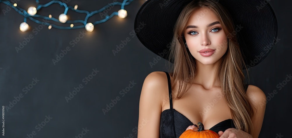 A beautiful witch with long hair in a black dress and hat, holding a Halloween pumpkin.