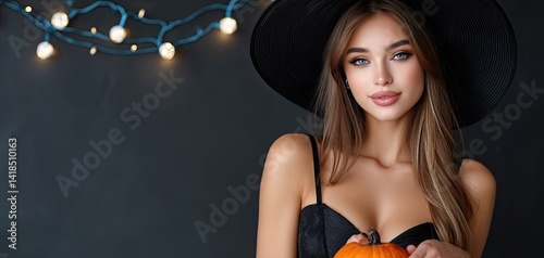 Obraz na płótnie A beautiful witch with long hair in a black dress and hat, holding a Halloween pumpkin. w salonie