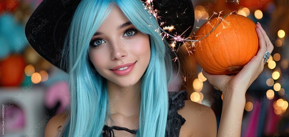 A beautiful witch with long hair in a black dress and hat, holding a Halloween pumpkin.