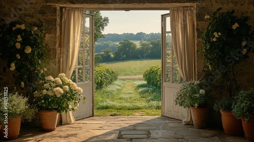 Rustic elegance, open doors to a scenic landscape