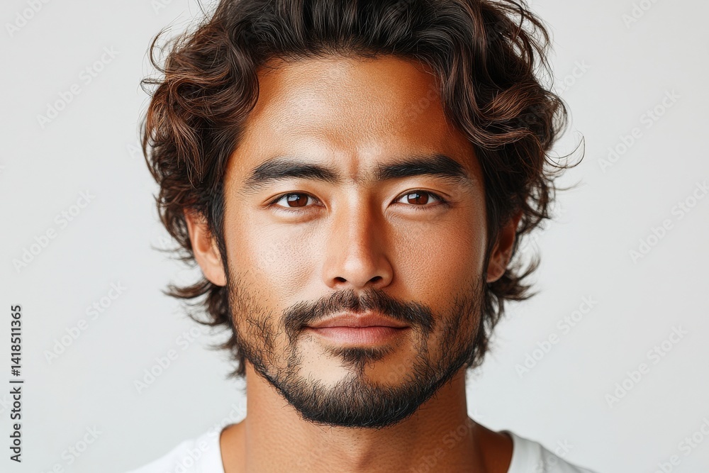 Obraz premium Close-up portrait of a man with curly brown hair and a goatee