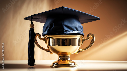 Graduation cap on golden trophy, spotlight background, victory celebration, academic success symbol