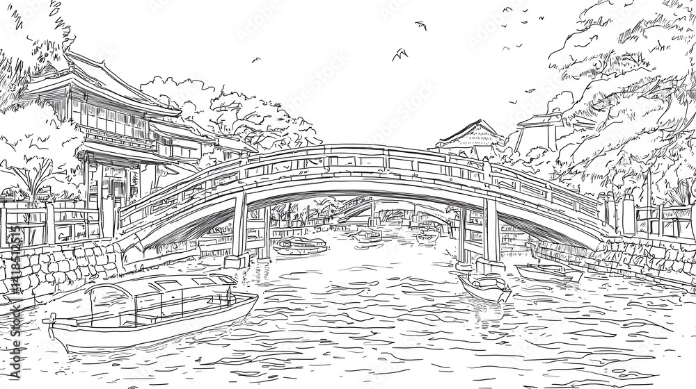 Tranquil River Scene with Bridge and Boats in Black and White Sketch Tranquil River Scene with Bridge and Boats in Black and White Sketch