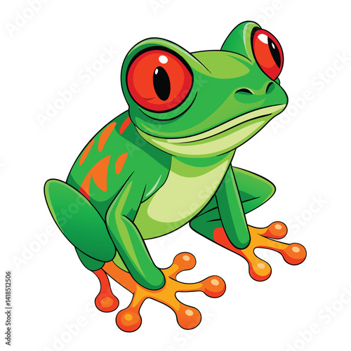 A vibrant green tree frog with striking red eyes and bright orange feet clings to an unseen surface  white background.