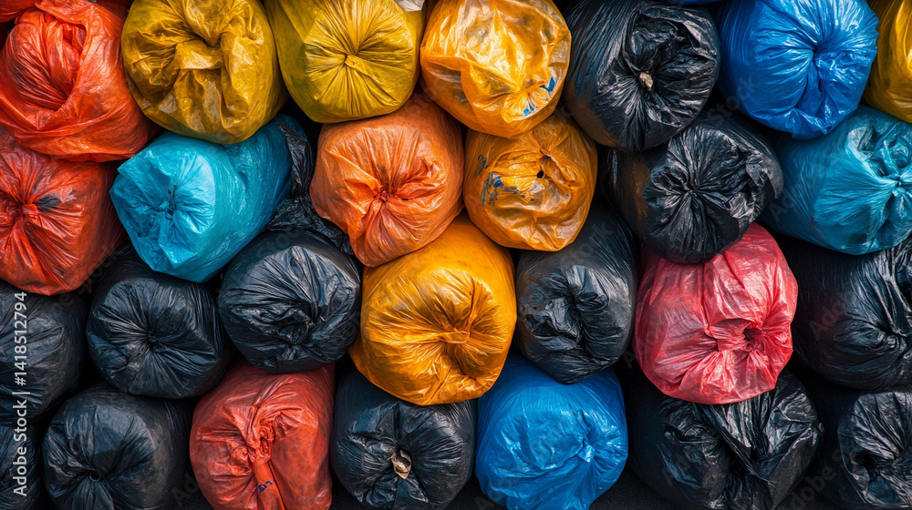Collection of colorful garbage bag rolls arranged neatly symbolizes cleanliness organization waste management and environmental responsibility in modern domestic and industrial settings