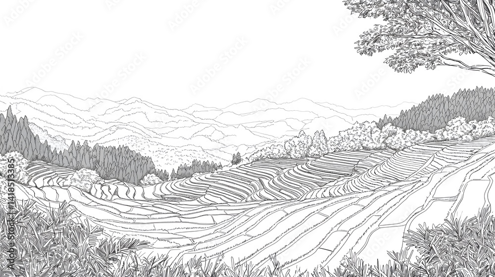 Fototapeta premium Serene Landscape of Rice Terraces with Mountains and Foliage