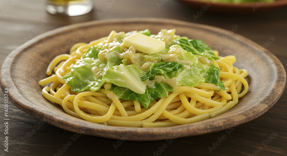 Delicious Pasta Dish with Cabbage and Melted Butter on a Wooden Plate