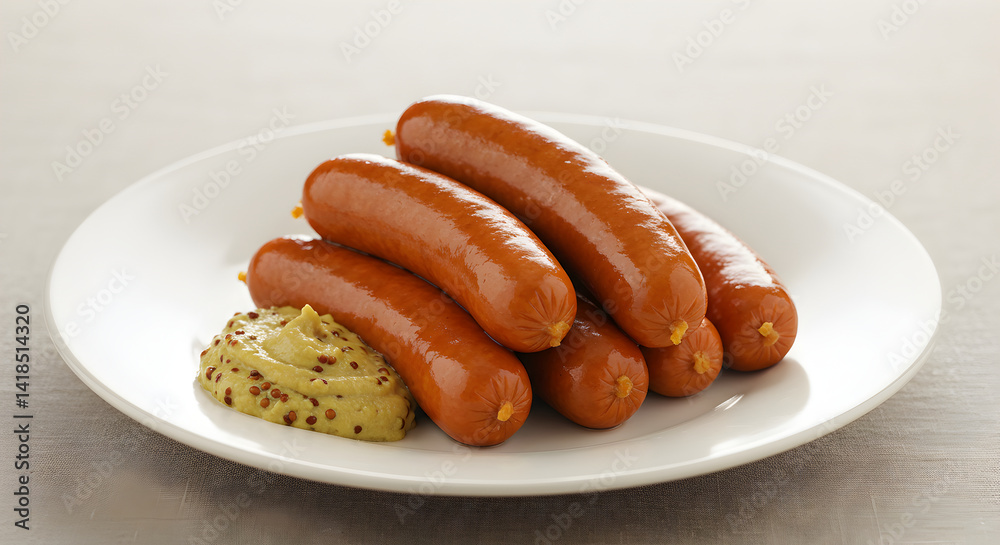 Plate Of Delicious Sausages Served With Mustard Sauce Appetizing Display Plate Of Delicious Sausages Served With Mustard Sauce Appetizing Display
