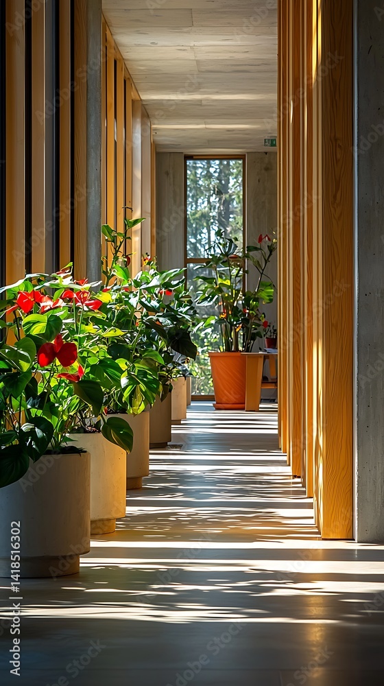 Fototapeta premium Sunlit Minimalist Corridor with Potted Plants