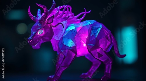 Illuminated Polygonal Bull Sculpture Glowing in Purple and Blue