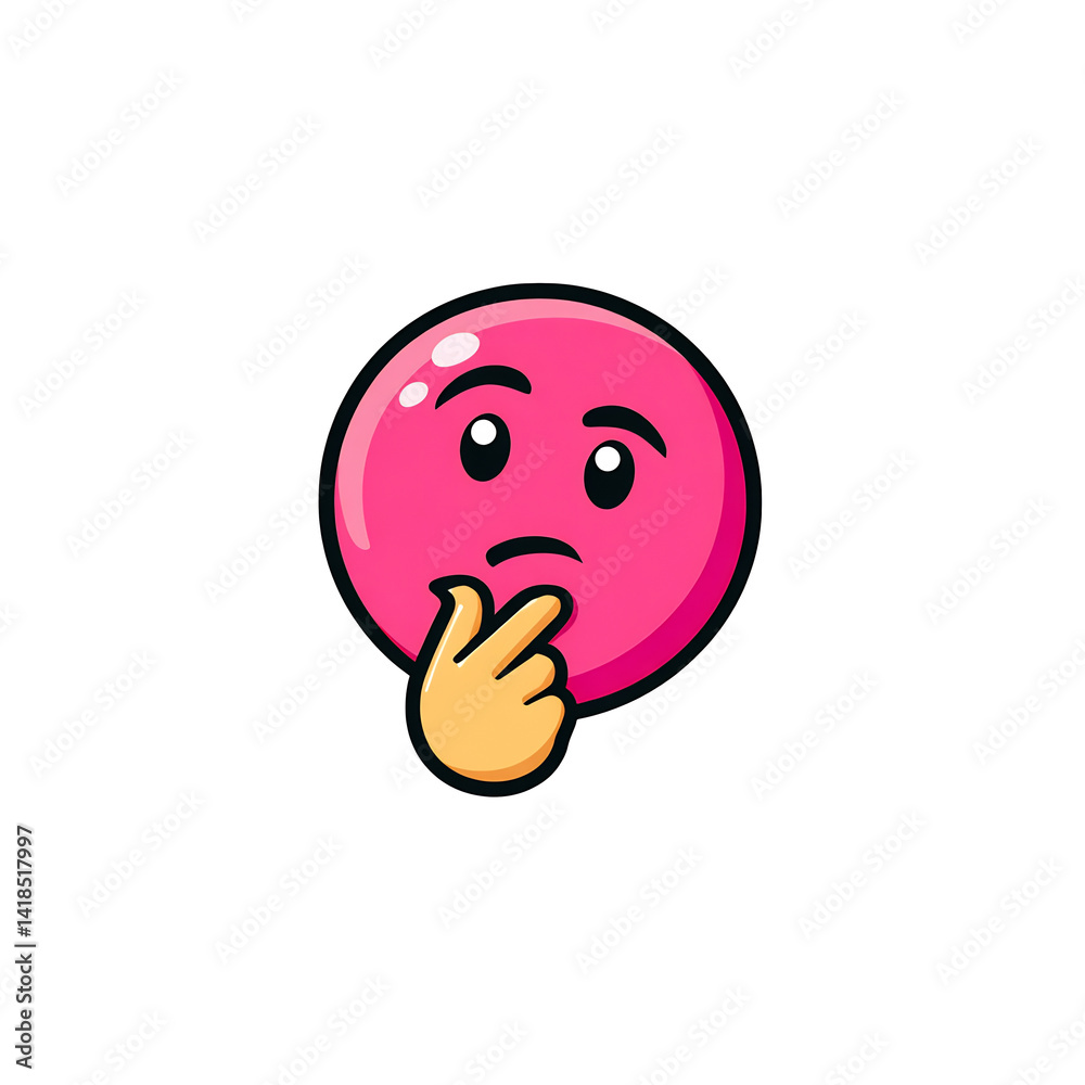 Fototapeta premium pink thinking face emoji with hand on chin