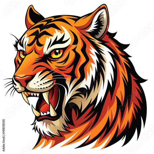 A majestic tiger with vibrant orange and black stripes roars fiercely, displaying its sharp teeth  on White background