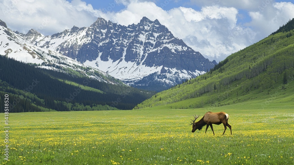 Obraz premium Majestic Elk Grazing in Lush Meadow with Snow-Capped Mountains and Clear Blue Sky in Beautiful National Park Landscape