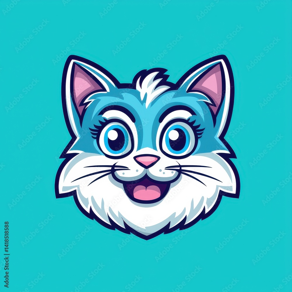 Obraz premium Cartoon cat face with light blue fur, white chin, and large blue eyes