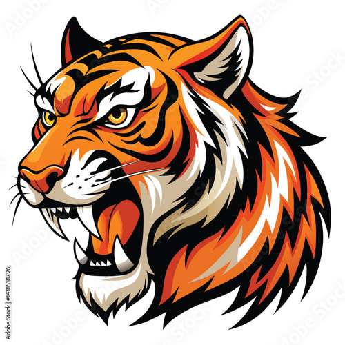 A majestic tiger with vibrant orange and black stripes roars fiercely, displaying its sharp teeth  on White background