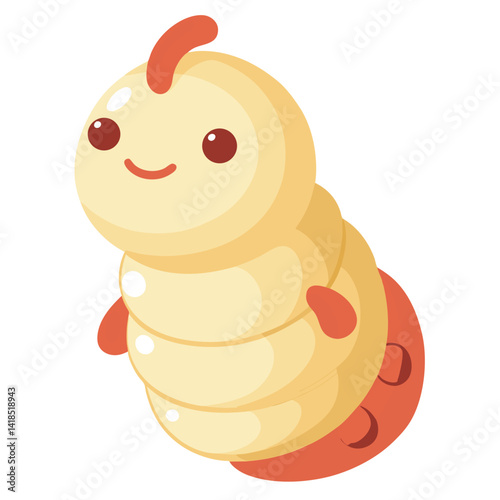A plump cream colored grub with a reddish brown head and tiny legs curls slightly on White background