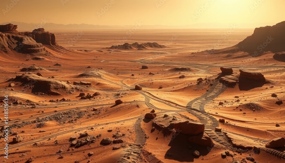 Fototapeta premium Expansive Red Sand Desert Landscape Under Warm Sunset Landscape