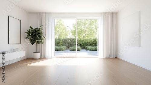 Bright, modern, minimalist interior with garden view