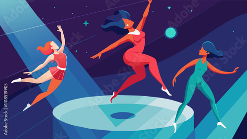 Dancing in the virtual world allows dancers to defy the laws of gravity as they soar and spin through the limitless space of the virtual studio.. Vector illustration