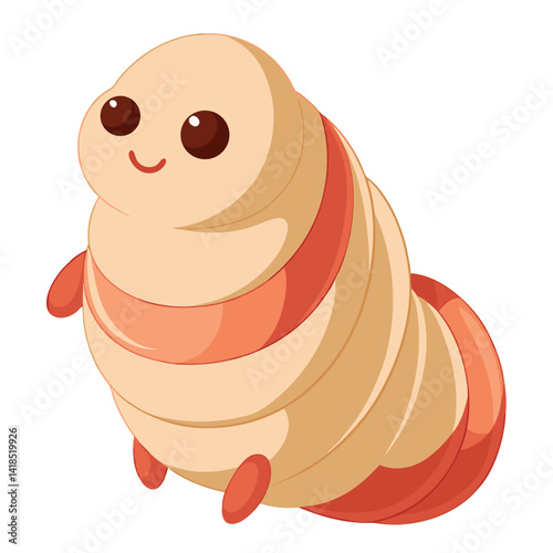 A plump cream colored grub with a reddish brown head and tiny legs curls slightly on White background