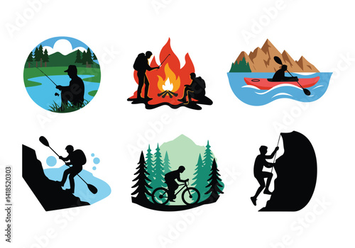 Outdoor Adventure Activities Vector: Fishing, Camping, Kayaking, Hiking, Climbing