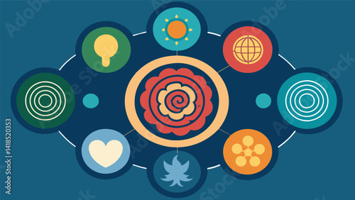 A series of circular patterns each one embodying a different emotion or thought process symbolizing how neurographic art can help us better understand. Vector illustration