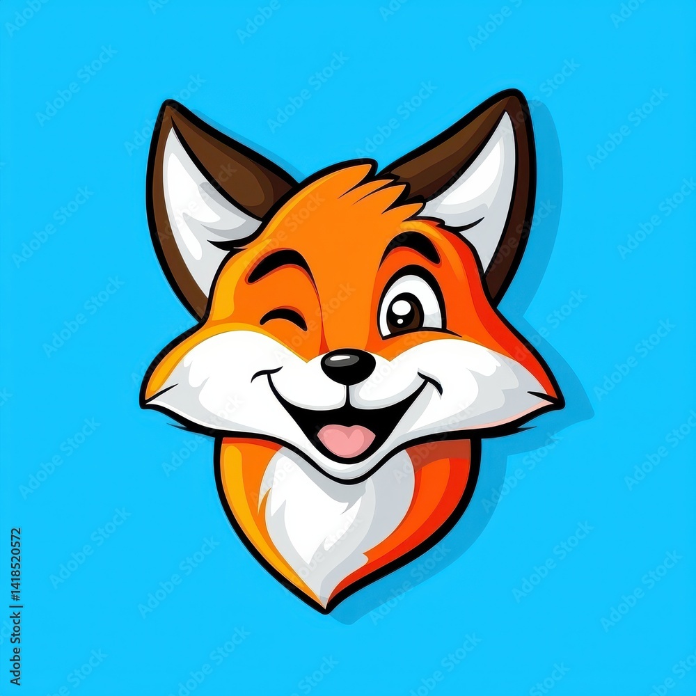 Cartoon fox head illustration with large eyes and wide smile on blue background