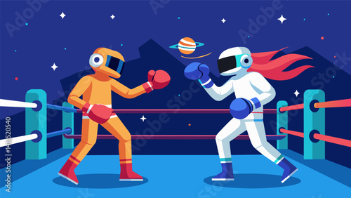 In the VR boxing ring astronauts work on their handeye coordination and stamina using their upper body strength to punch and dodge their way to. Vector illustration