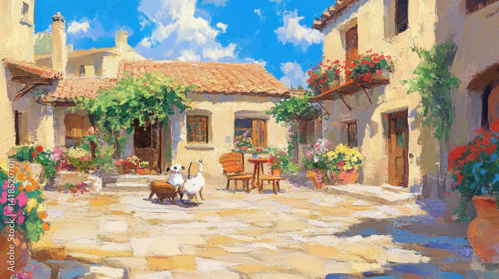 Obraz premium Sundrenched courtyard scene with vibrant flowers and playful dogs adds warmth charm