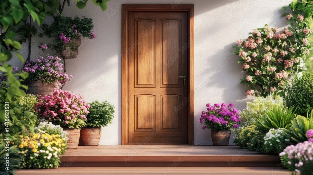 Fototapeta premium Charming Wooden Door Surrounded by Colorful Flowers and Greenery
