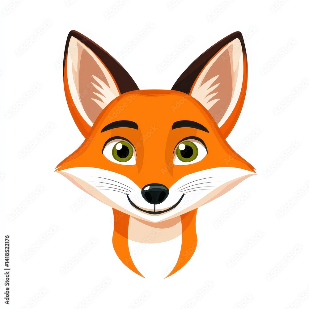 Fototapeta premium Whimsical cartoon illustration of a friendly fox with green eyes and orange fur