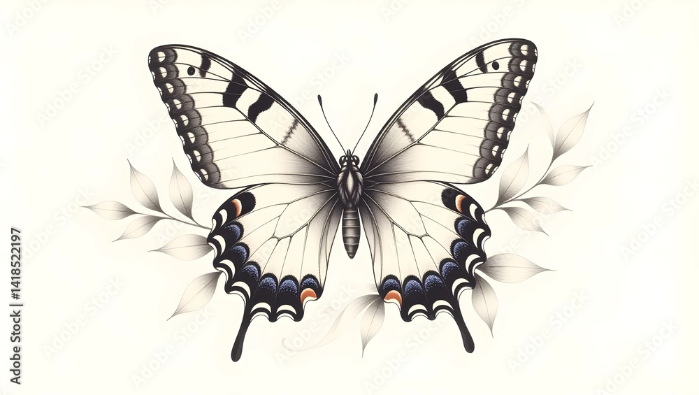 Fototapeta premium A sophisticated illustration of a swallowtail butterfly, featuring intricate wing details and a delicate, elegant design.