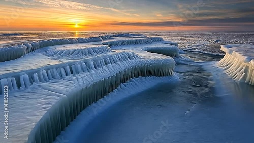 Frozen coastal formations at sunset photo