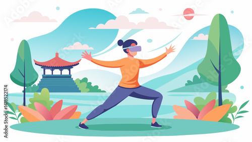 A theutic VR program featuring gentle Tai Chi movements in a tranquil garden setting designed to help alleviate chronic pain associated with. Vector illustration