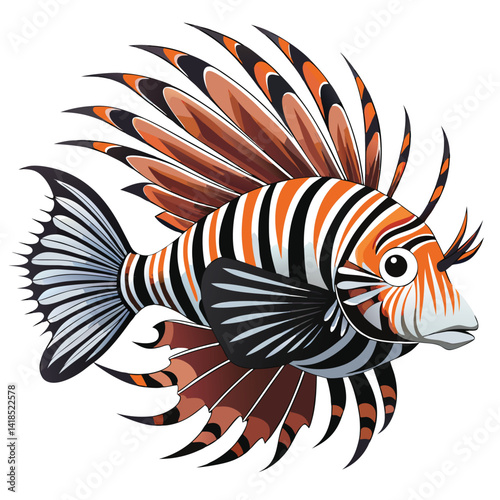 A striking lionfish with zebra-like stripes and elaborate spiky fins floats gracefully on White background