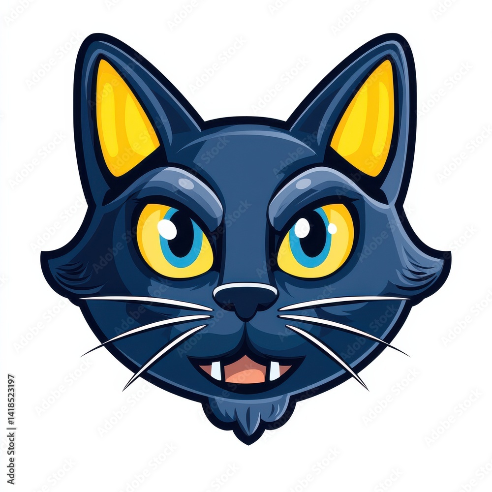 Cartoon illustration of a cat with blue-gray fur, yellow ears, and turquoise eyes Cartoon illustration of a cat with blue-gray fur, yellow ears, and turquoise eyes