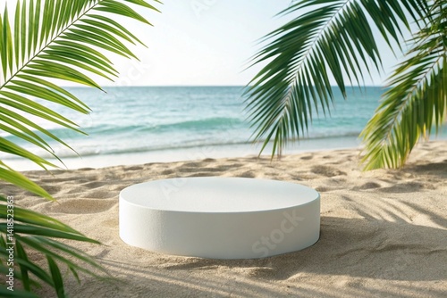 A clean white round pedestal placed on sandy beach, surrounded by realistic green palm leaves and soft shadows, tropical ocean in the background, bright daylight, high-resolution, product mockup scene