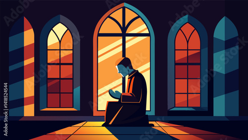 A solitary figure bathed in the warm light filtering through stained glass windows kneeling in prayer in the intimate setting of a chapel.. Vector illustration