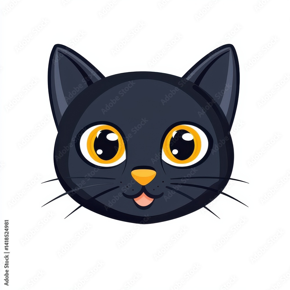 Cartoon illustration of a black cat with bright yellow eyes and pink tongue Cartoon illustration of a black cat with bright yellow eyes and pink tongue