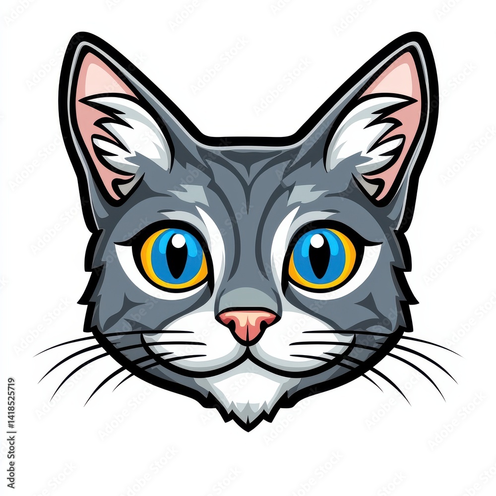 Close-up illustration of a gray cat with blue and yellow eyes and white markings Close-up illustration of a gray cat with blue and yellow eyes and white markings